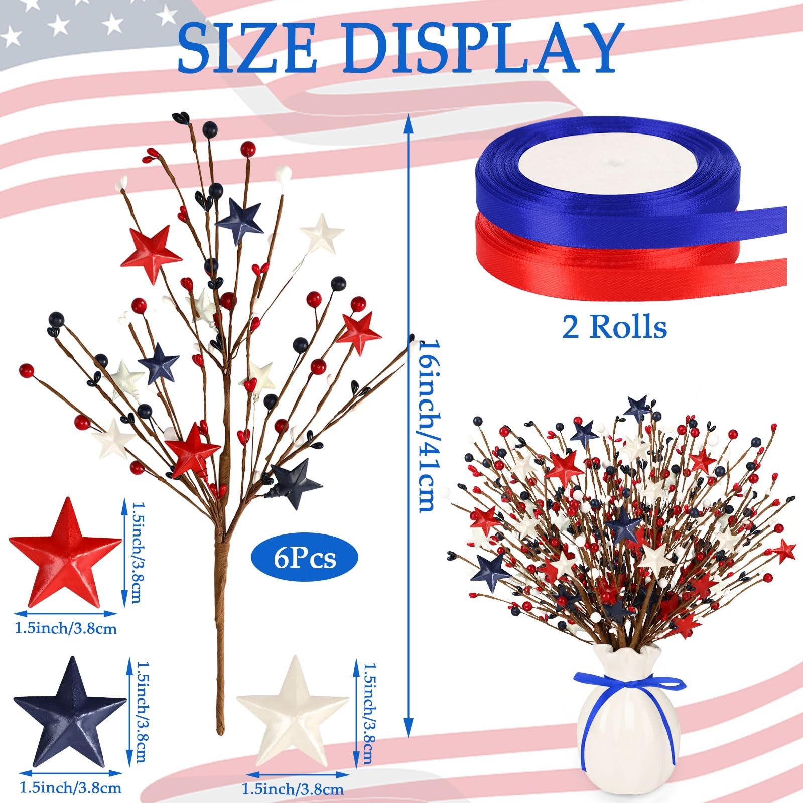 6 Pack Patriotic Artificial Berry Stem Picks Red White and Blue Artificial Ar…