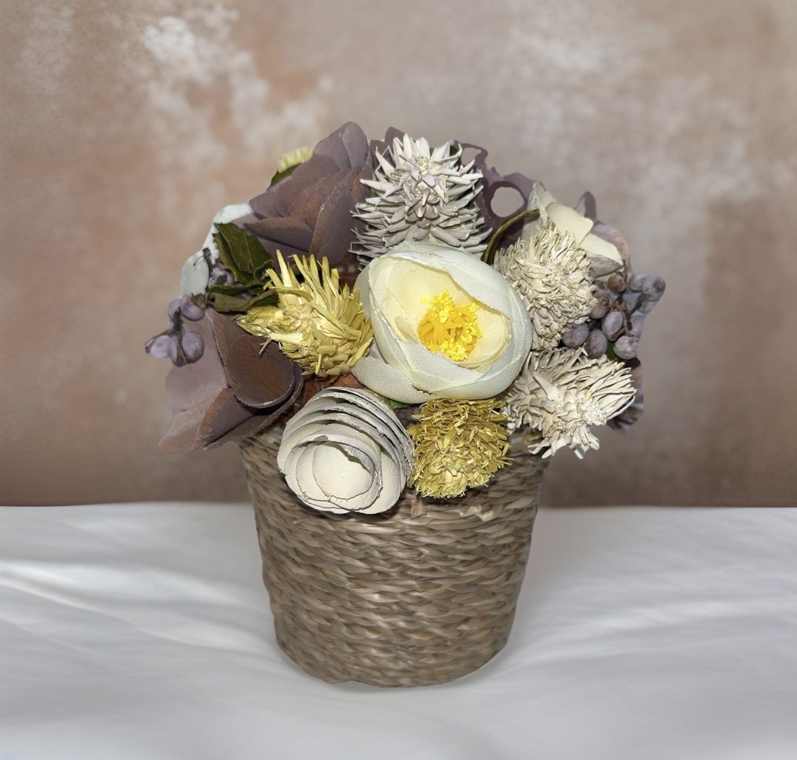 Sola Wood Rose Floral Arrangement Lavender Mauve Ivory Faux Flower Weave Basket