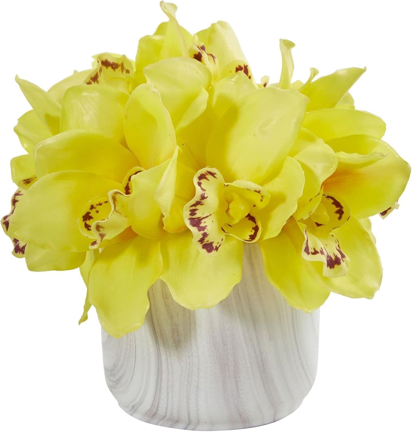 Yellow Cymbidium Orchid Silk Arrangement in Marble Vase –