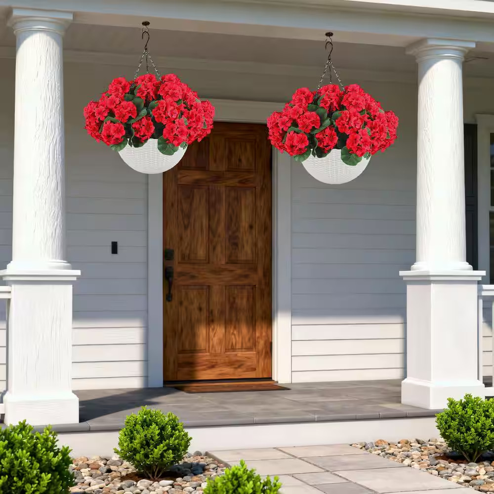 2-Set 10 In. Red Artificial Geranium Flowers W/ White Basket, Artificial Hanging