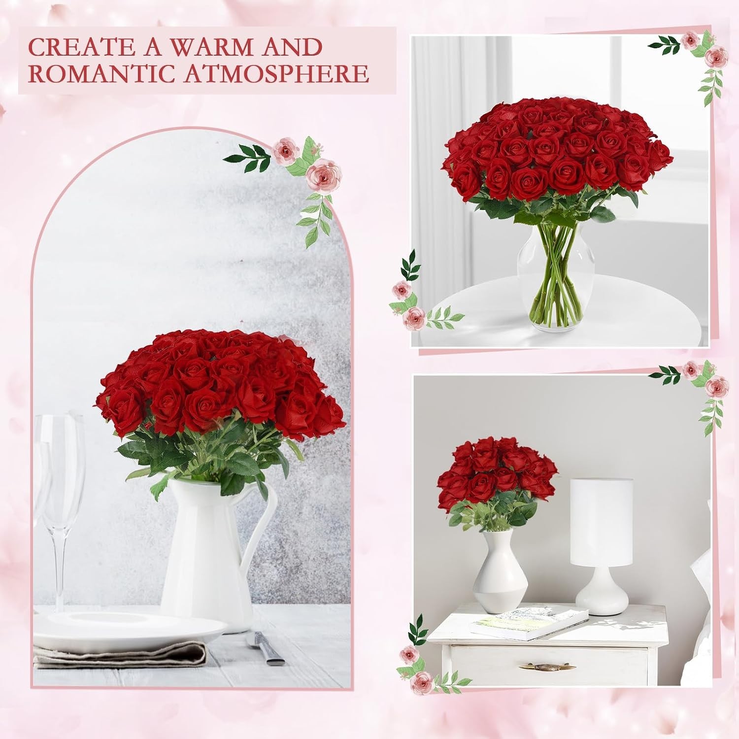 50 Pcs Artificial Roses in Bulk – Realistic Silk Flowers