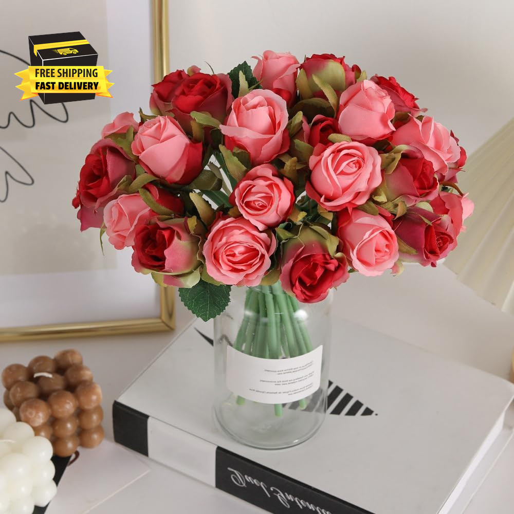 Artificial Roses Fake Flowers 12 Heads Arrangement Silk Bouquet for Home Office