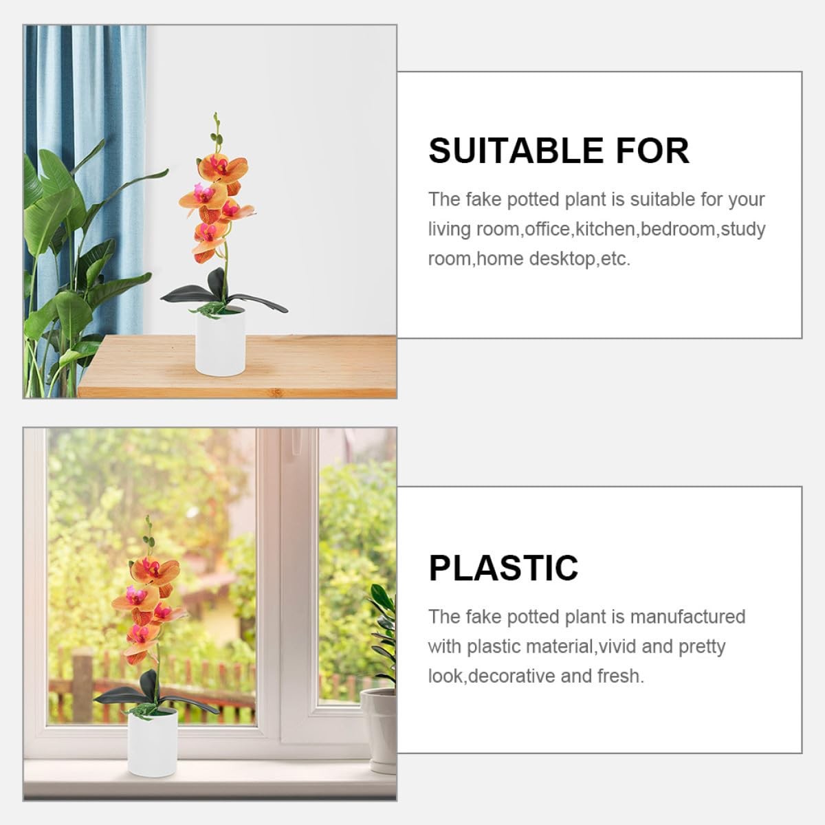 2Pcs Artificial Potted Orchid Bonsai Fake Orchid Plant Model Orange Color Fau…