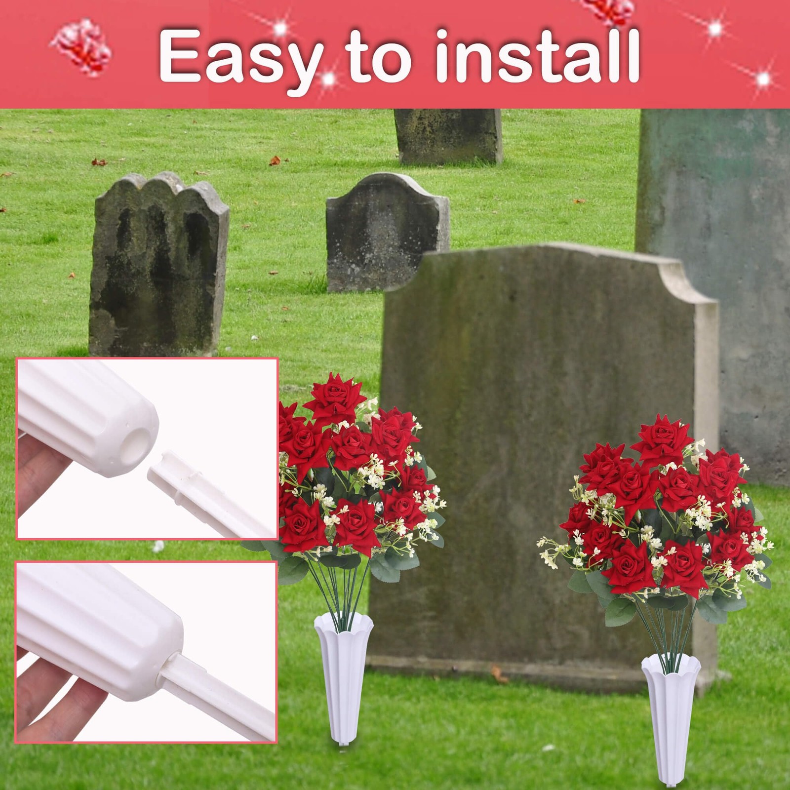 Artificial Cemetery Flowers – Artificial Rose Memorial Flowers with Vase,Head…
