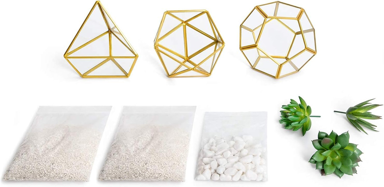 3 Pack Fake Succulents in Geometric Glass Terrarium Gold Office Decor | Lifelike