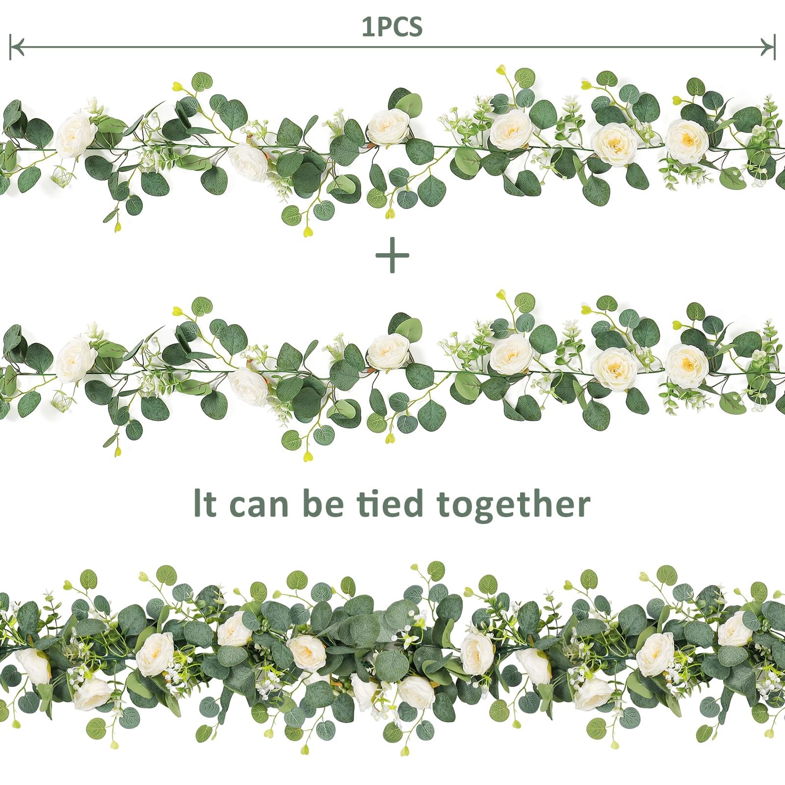4 Pack Artificial Eucalyptus Flower Garland with White Roses, Fake Rose Flowe…