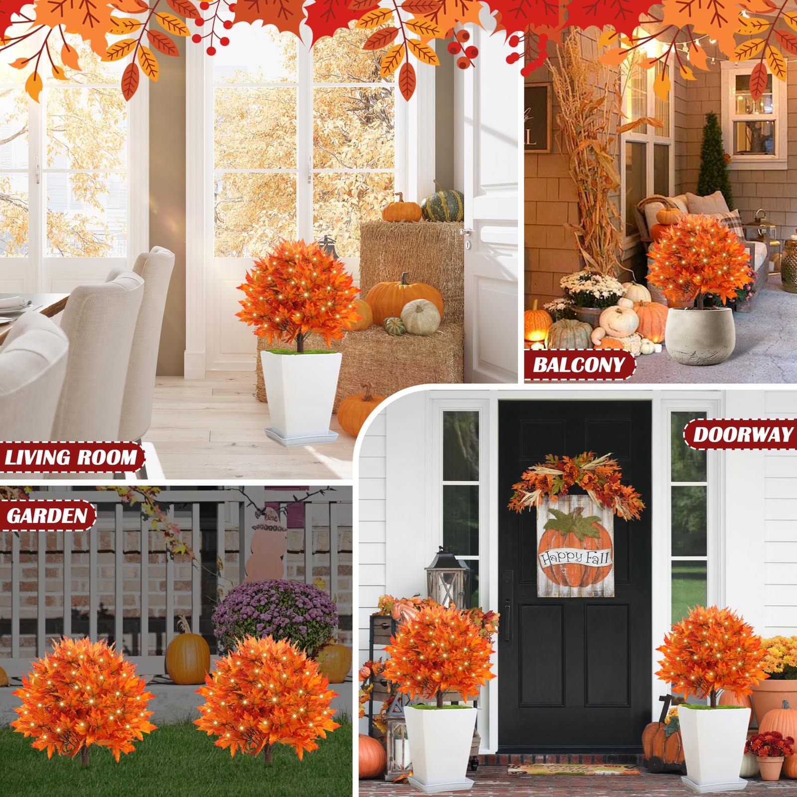 27″ Set of 2 Artificial Maple Topiary Trees with 100 Lights, Fall Decor Maple…