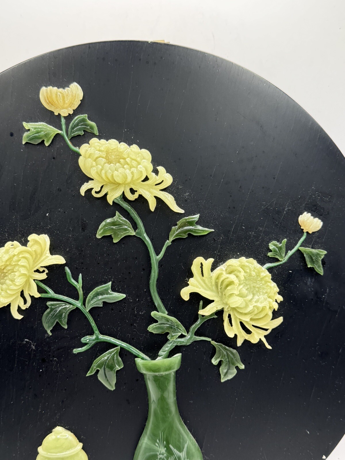 Vintage Asian 3D Floral Wall Plaque Jade Style 11.5” Round Decor