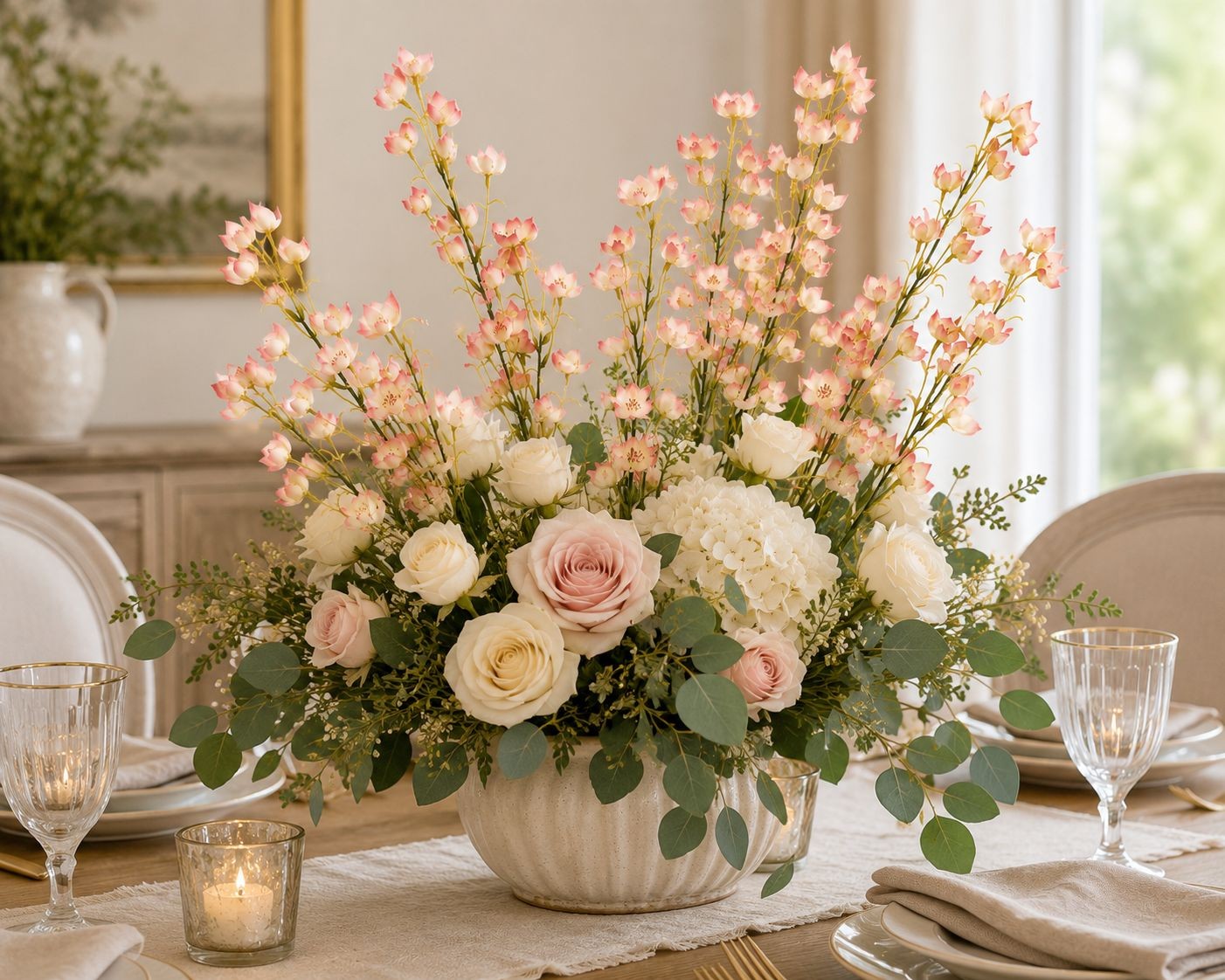 Artificial Dogwood Style Flower Stems Set of 2 Blush Pink White Faux Floral Bran