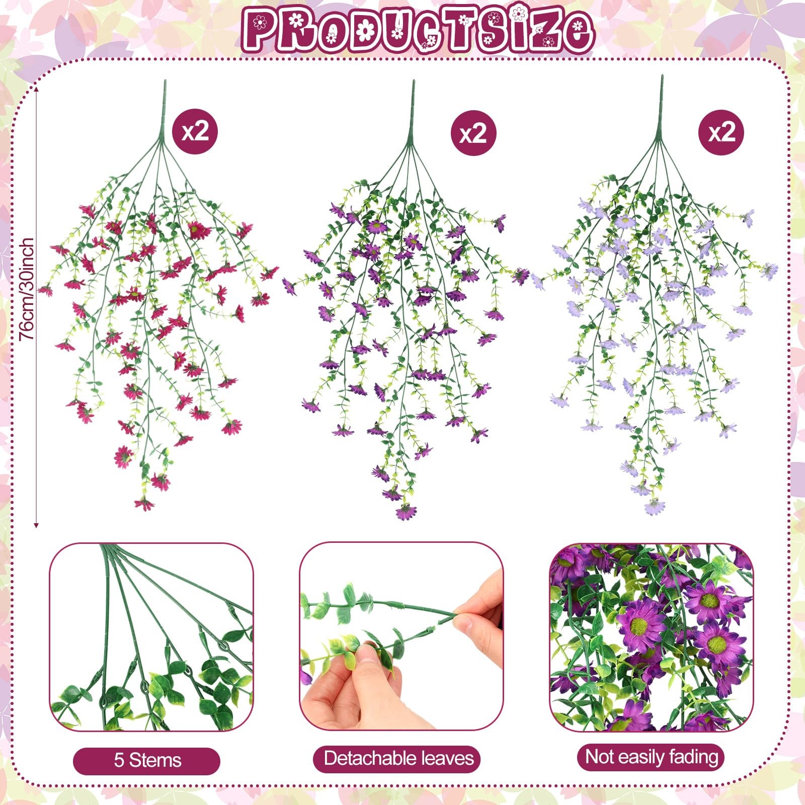 6 Pcs Spring Artificial Hanging Flowers Outdoor Faux Silk Mum Plant Decor Vio…