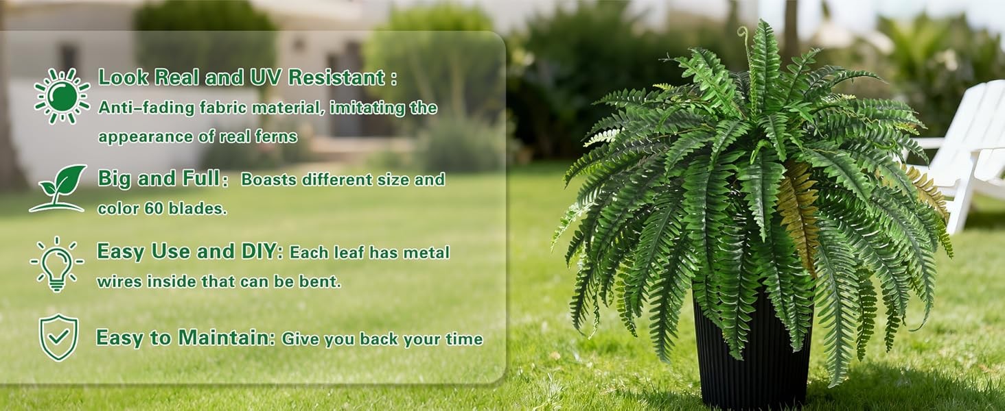 2PCS 45in Fake Ferns- Large Artificial Plants Outdoor, UV Resistant Artificial