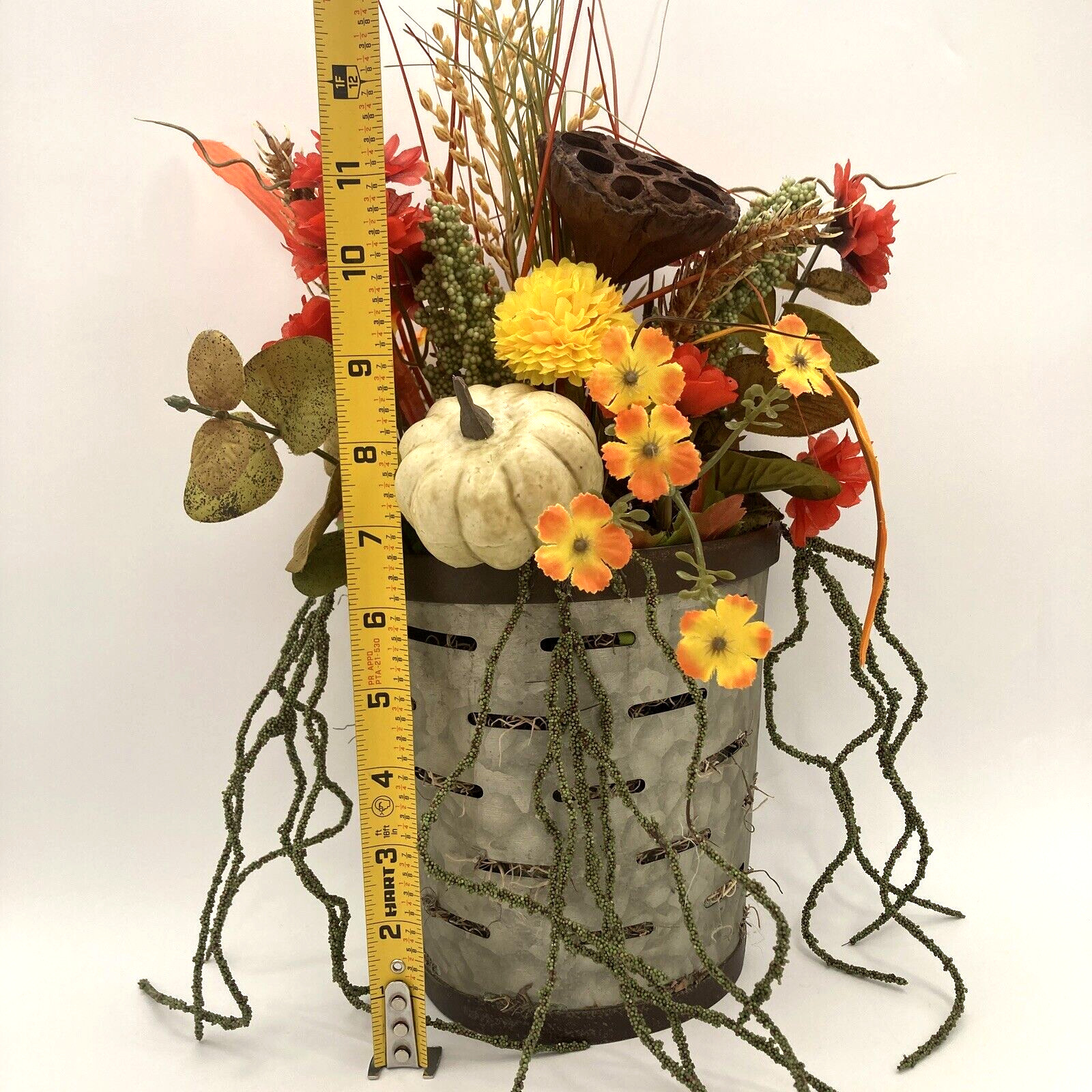 Artificial Flower Arrangement In Metal Wall Pocket Lotus Pod White Pumpkin