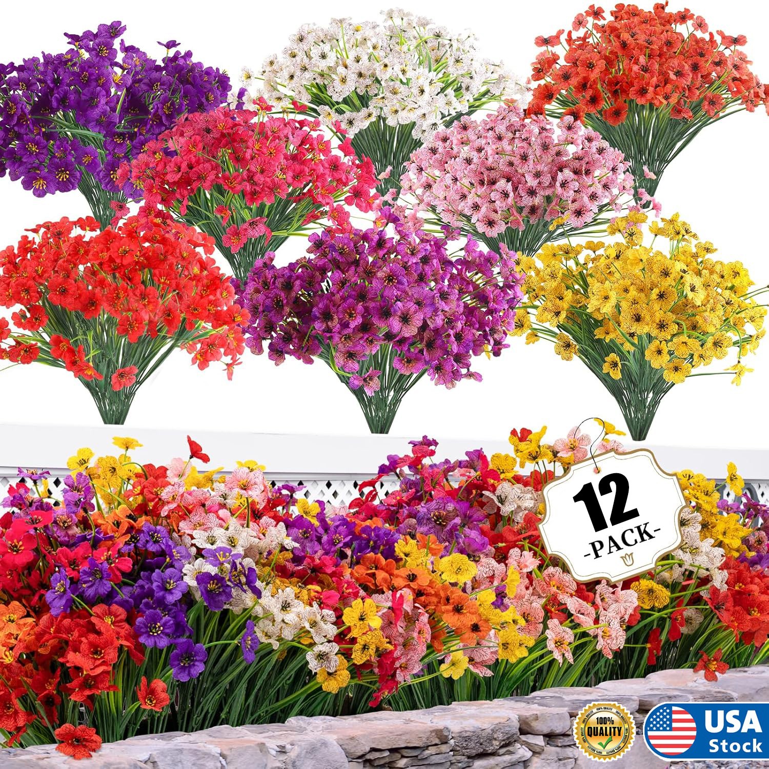 6/12 Bundles Artificial Flowers for Outdoors Fake Silk Flowers UV Resistant Faux