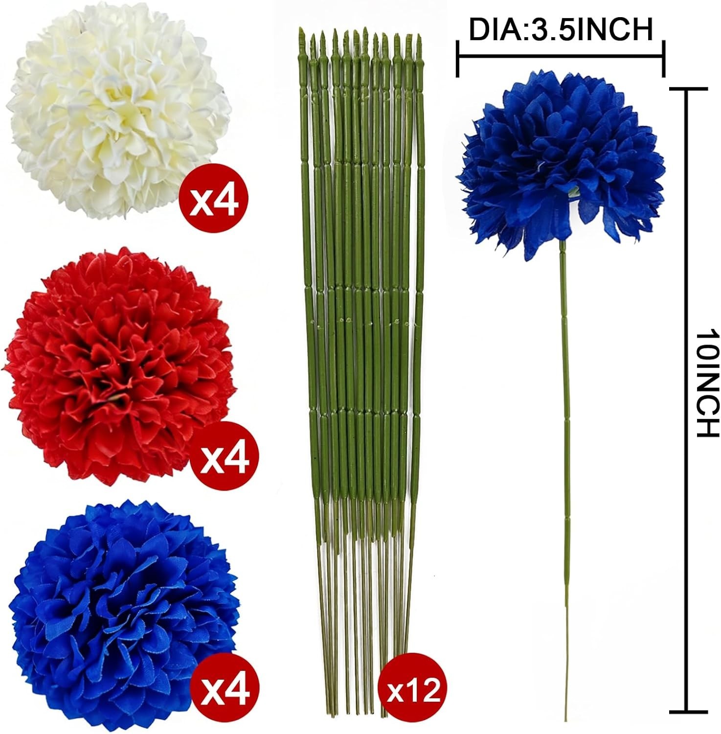 12PCS Artificial Chrysanthemums Flowers Patriotic Flower, 4th of July Fake Mu…