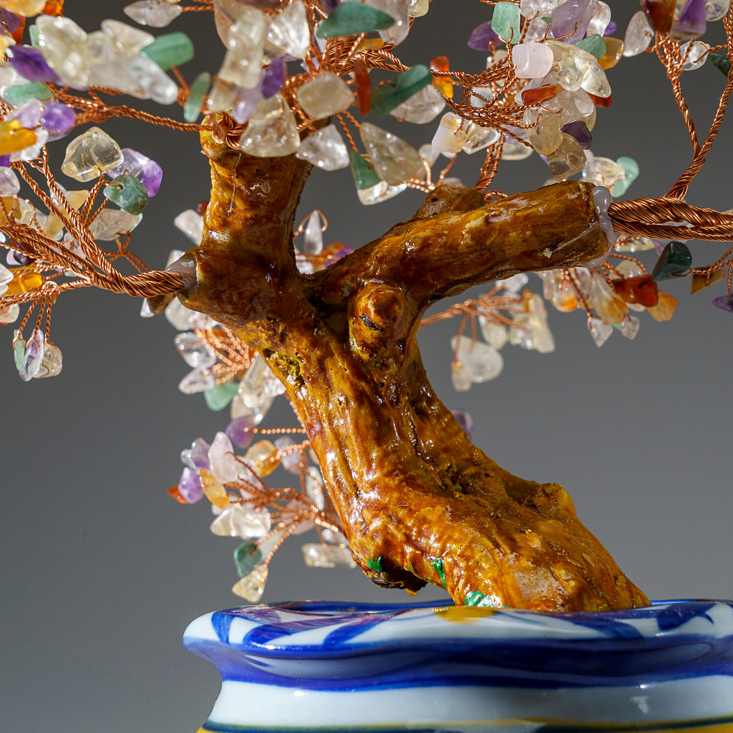 Genuine Multi Gemstone Bonsai Tree in Round Ceramic Pot (8.5”)
