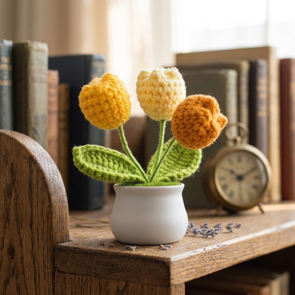 Cute Handmade Crochet Tulip Potted Flower Desk Decor