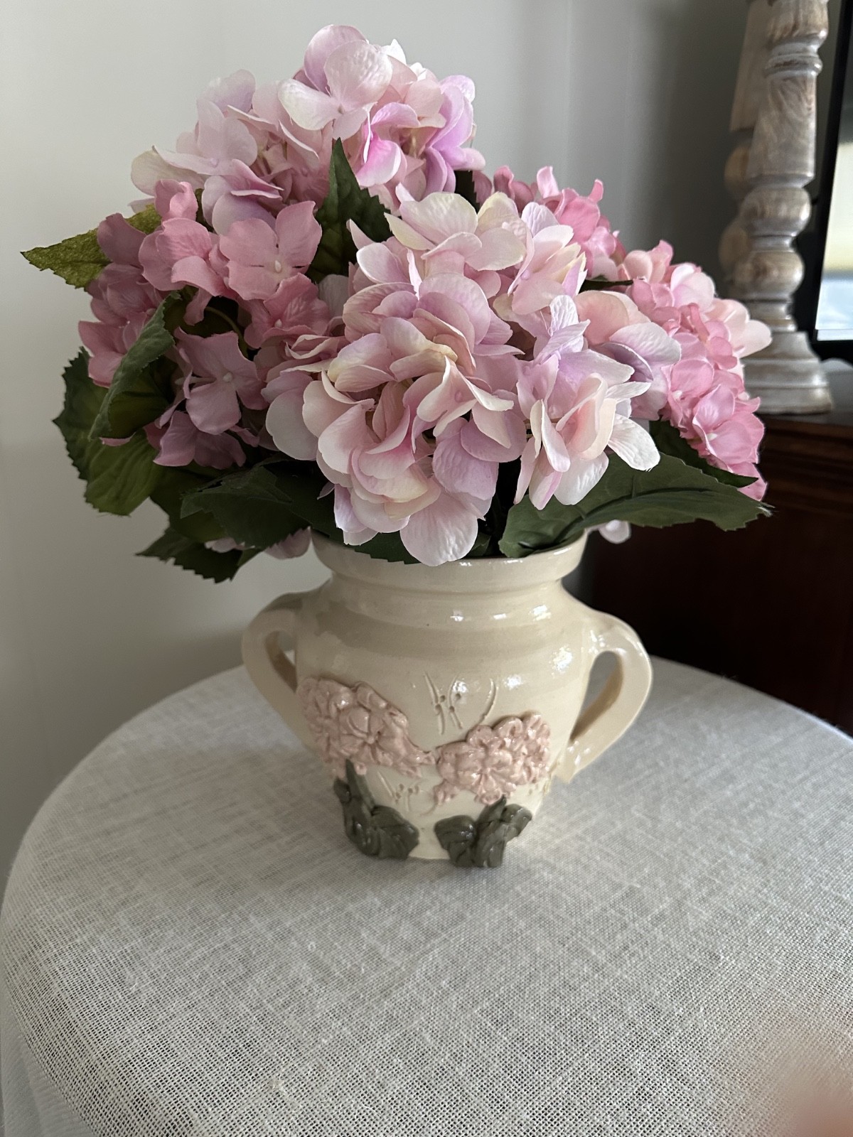 New Luxury Pink hydrangea Silk Floral Arrangement in vintage Saybrook vase
