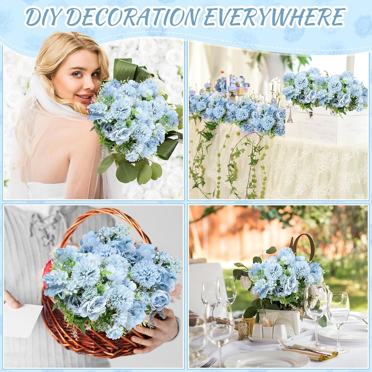 Realistic Silk Peony Hydrangea Bouquet – 8 Pcs Blue Faux Flowers for Decor