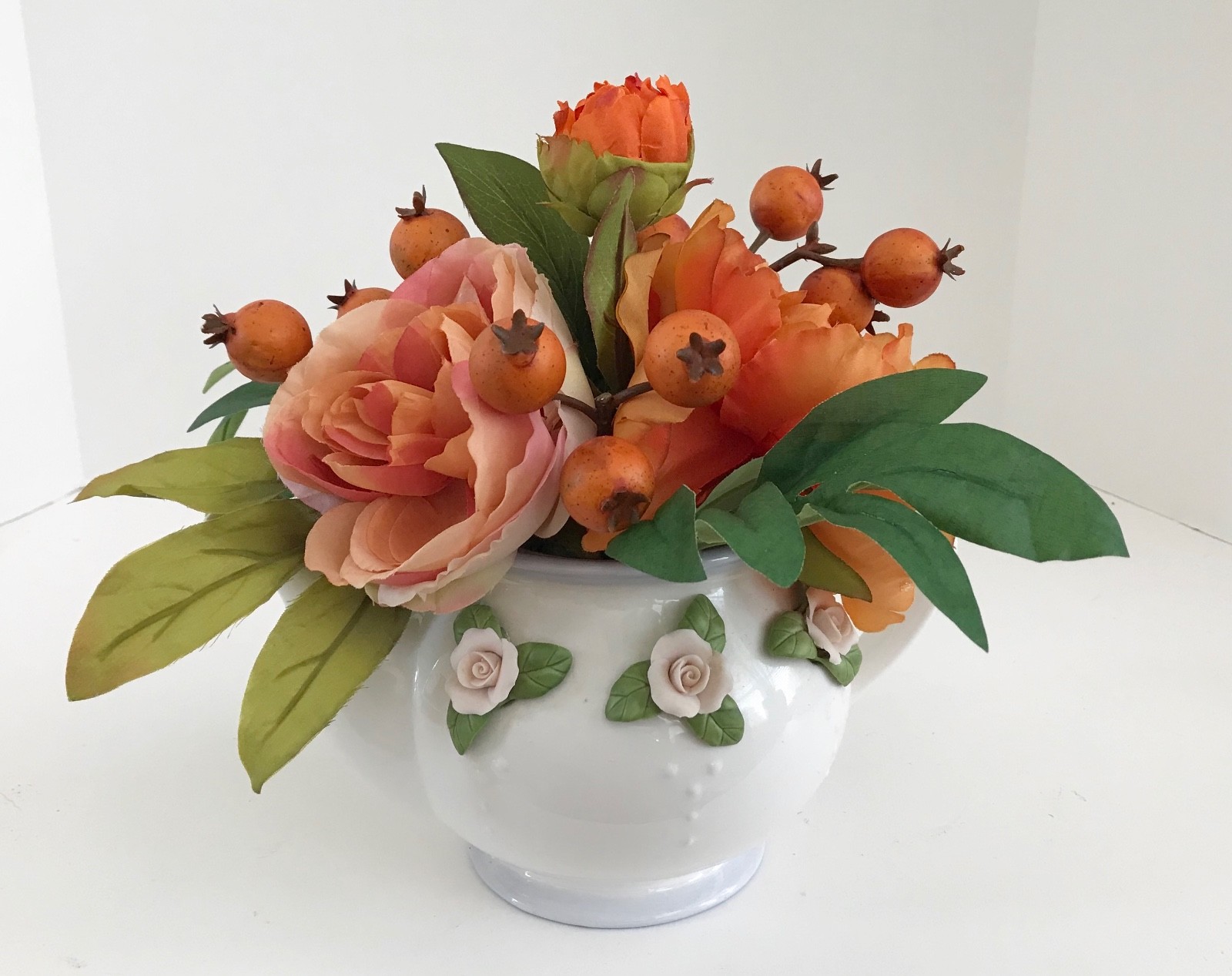 White with Raised Pink Roses Telaflora Gift Teapot Orange Flowers