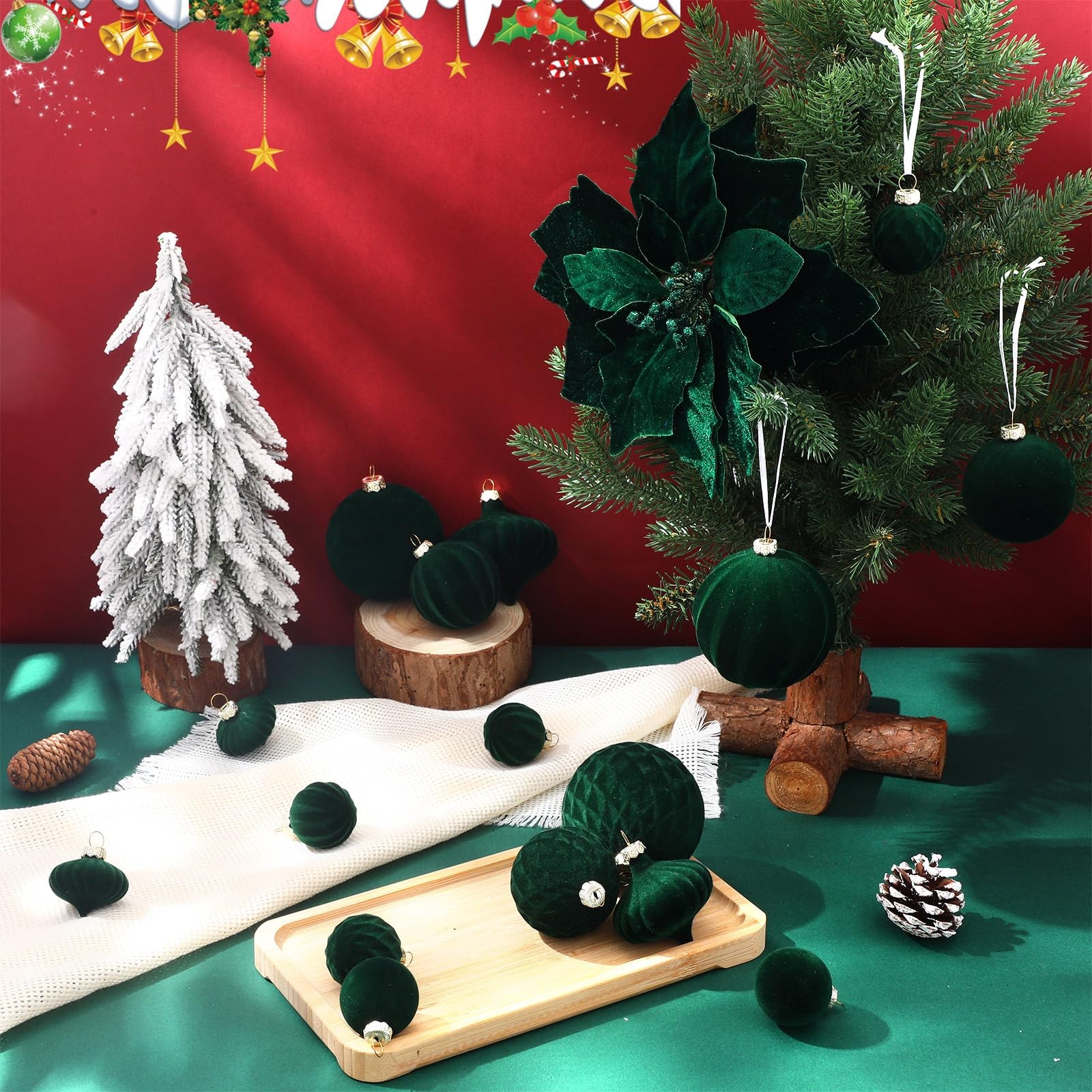 24 Pcs Velvet Poinsettia Christmas Tree Decor with 3.14 Inch Ball Ornaments I…