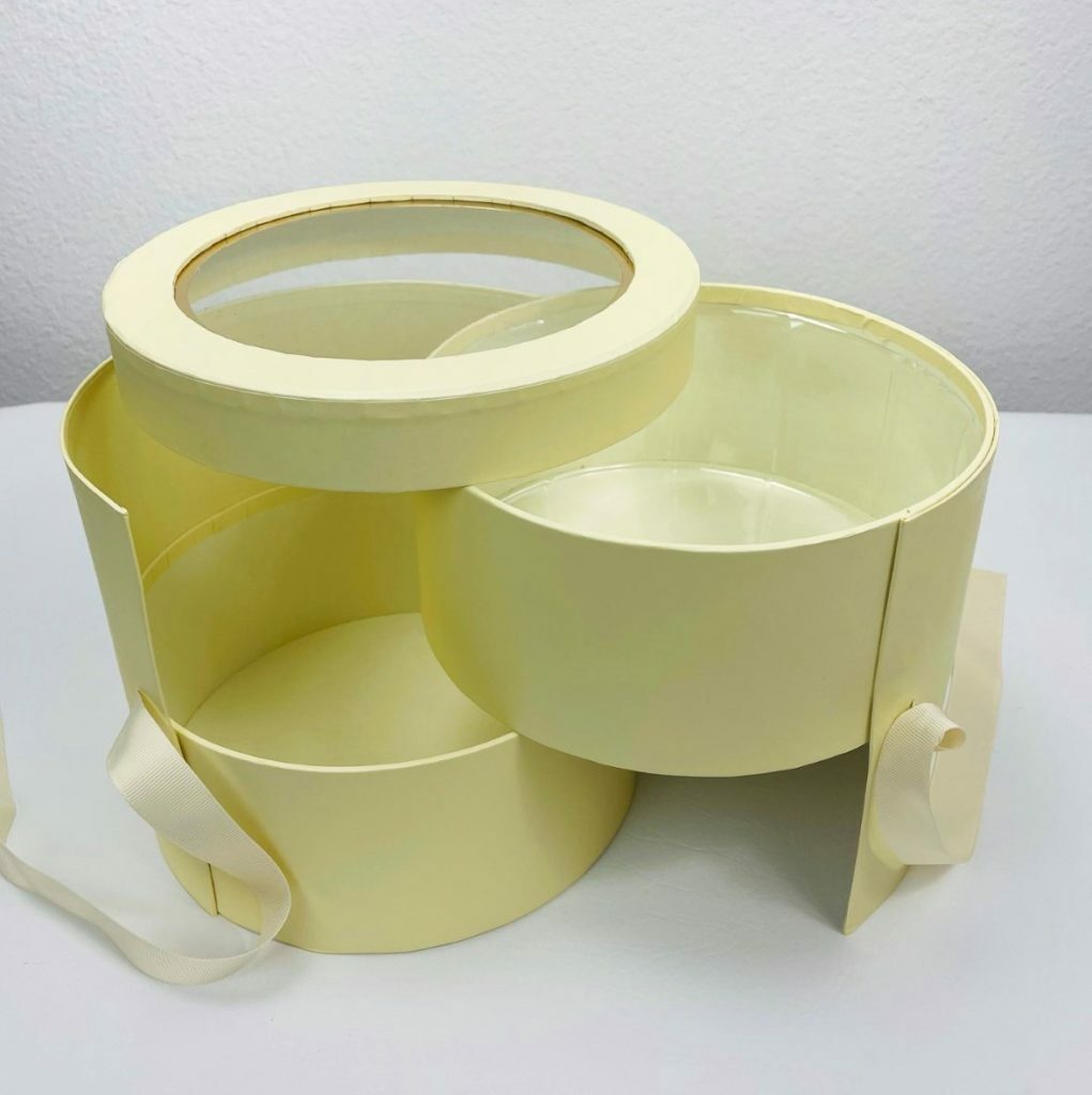 Premium Quality Round Shape Flower Box Floral Gift 2 Tier, with Lid, Yellow