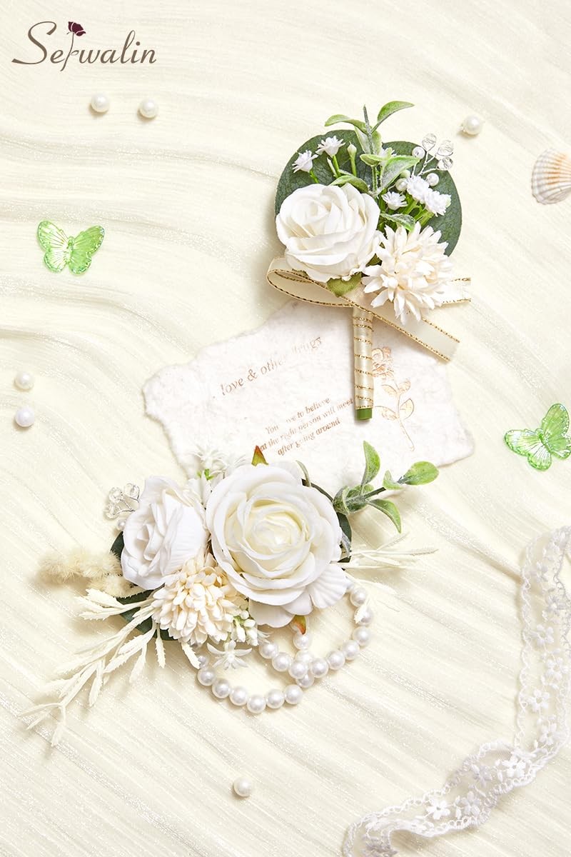 White Rose Boutonniere And Wrist Corsage Set For Prom Wedding Party Men