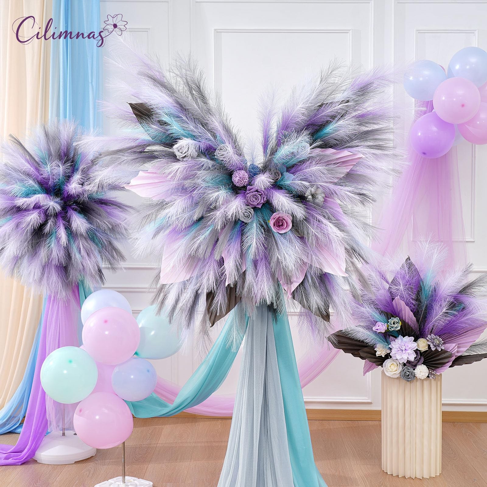 50 PCS 17.7 Inch Artificial Fluffy Faux Pampas Grass Gradient Blue Decor