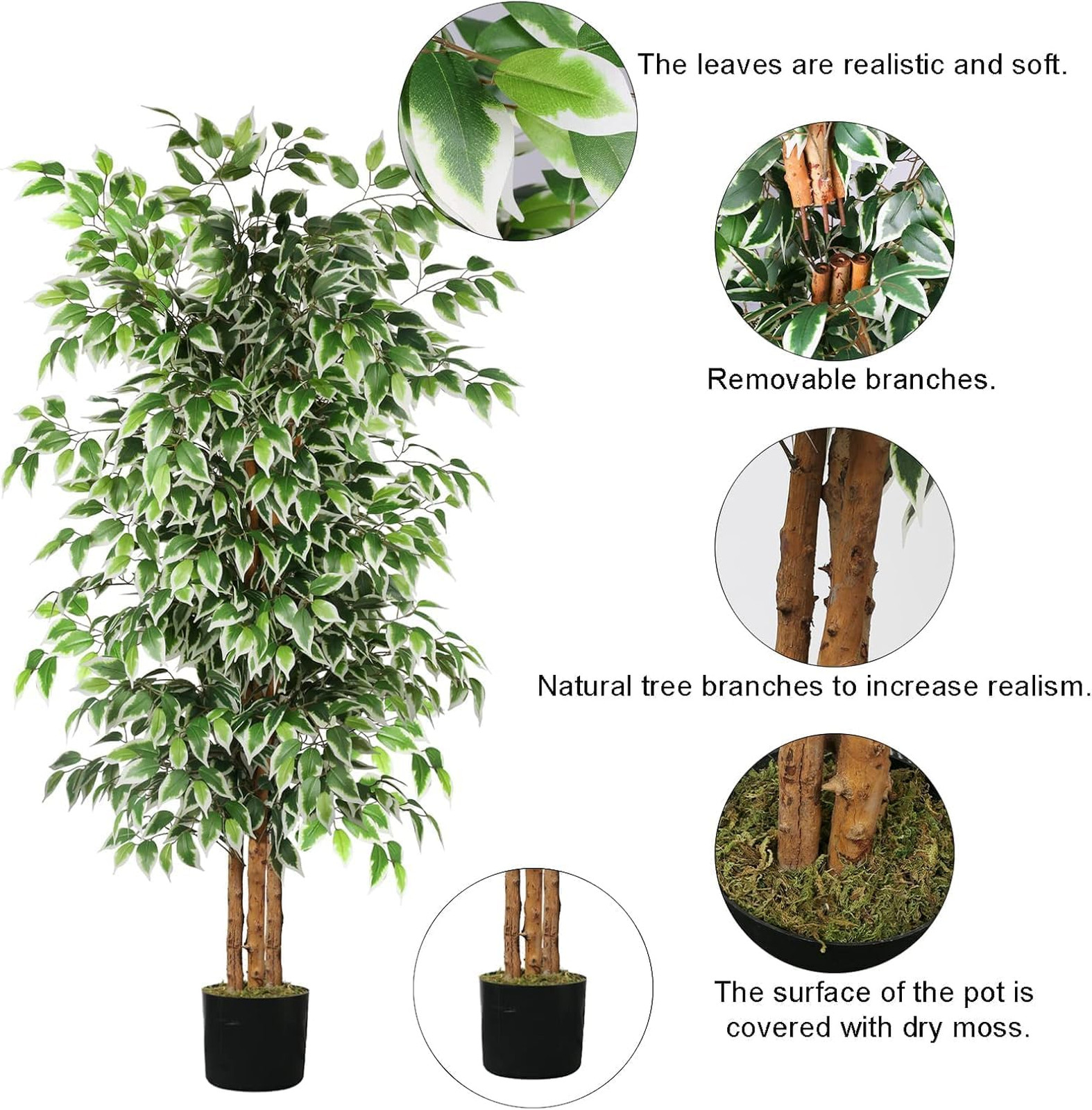 Artificial Ficus Trees 6 Feet Tall Indoor Outdoor Faux Plants with Natural Trunk