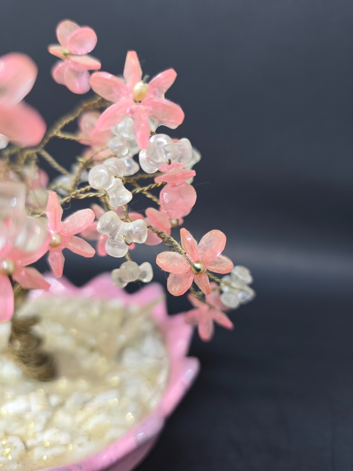 Copper Wire Bonsai Tree, Pink & White Beads, White Rocks Pink Bowl Home Decor