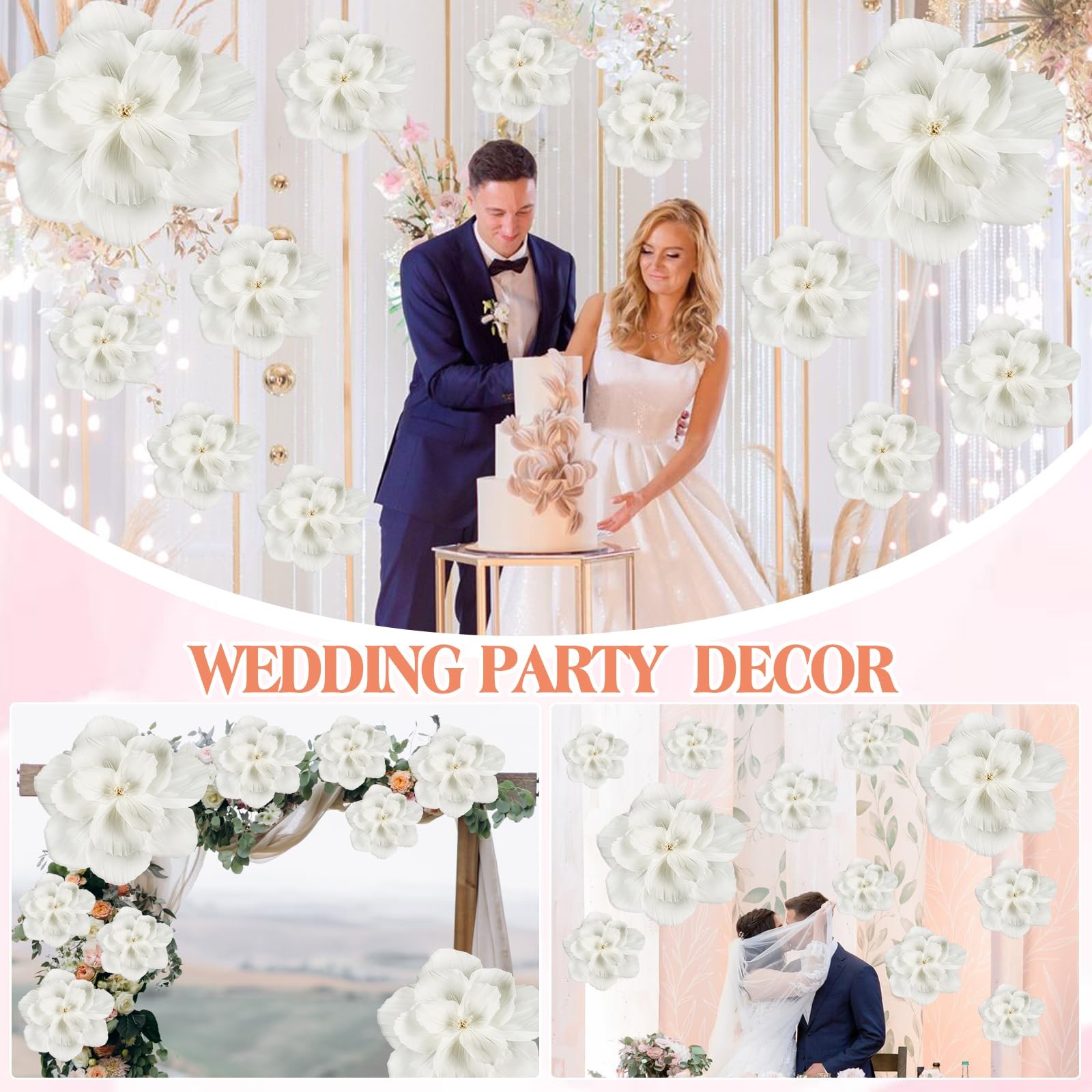 20 PCS Giant Paper Flowers Wall Decor 24″ 12″ 8″ Tissue Wedding Backdrop White