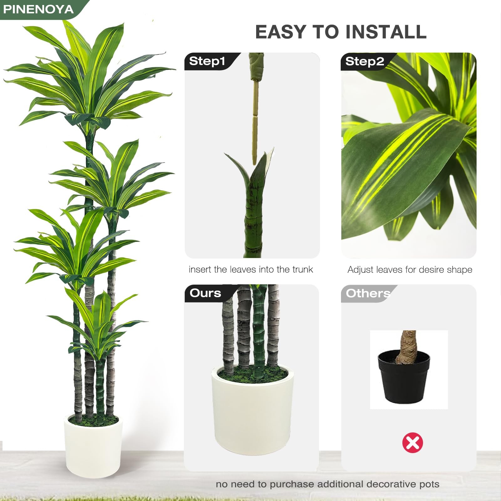 Artificial Dracaena Tree 6ft, Tall Fake Dracaena Plants with White Planter, F…