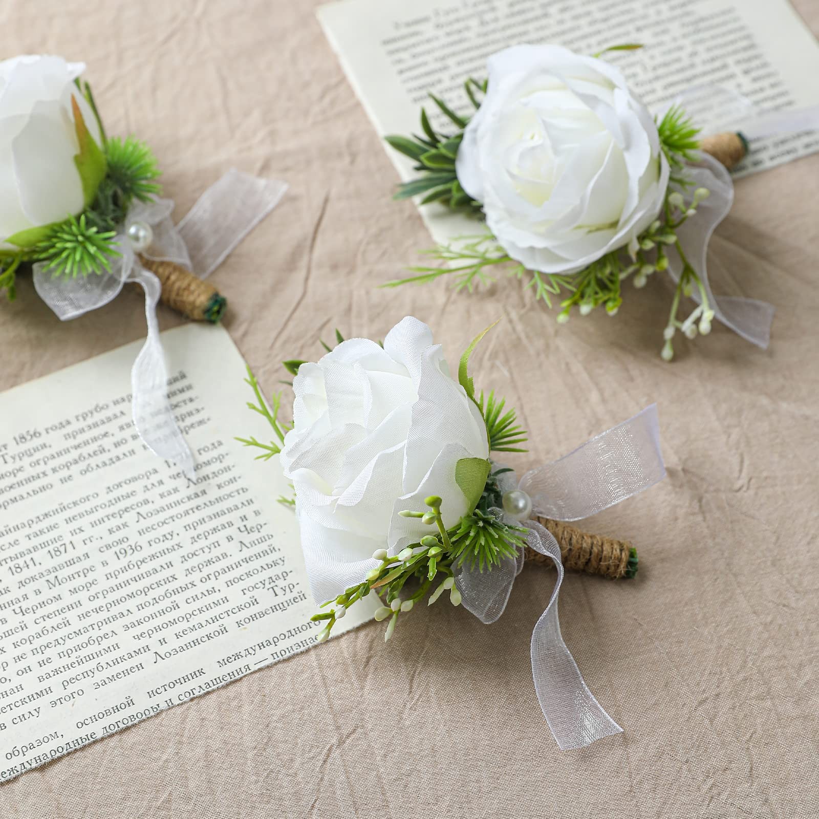 4 PCS White Rose Boutonniere For Men Artificial Flower Wedding Prom Party