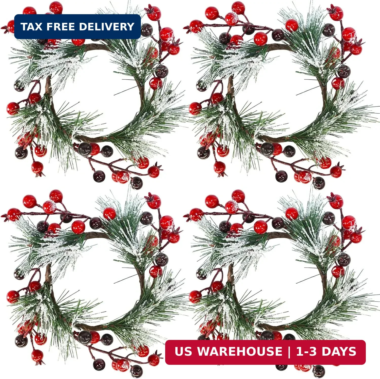 Winlyn 4 Pcs Artificial Pine and Berry Candle Rings Wreaths Snowy Pine Needle Re