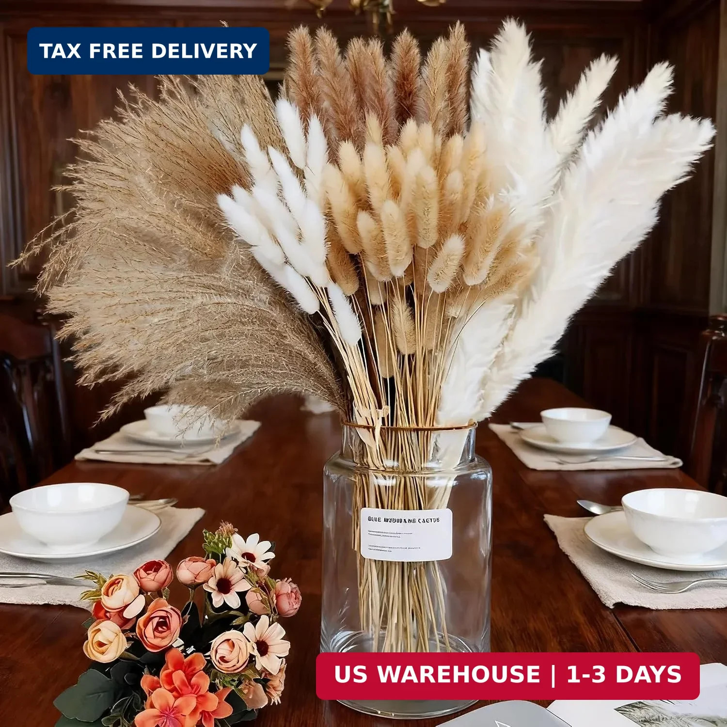 120 Stems Dried Pampas Grass Decor, White and Brown 17inch Contains Bunny Tails