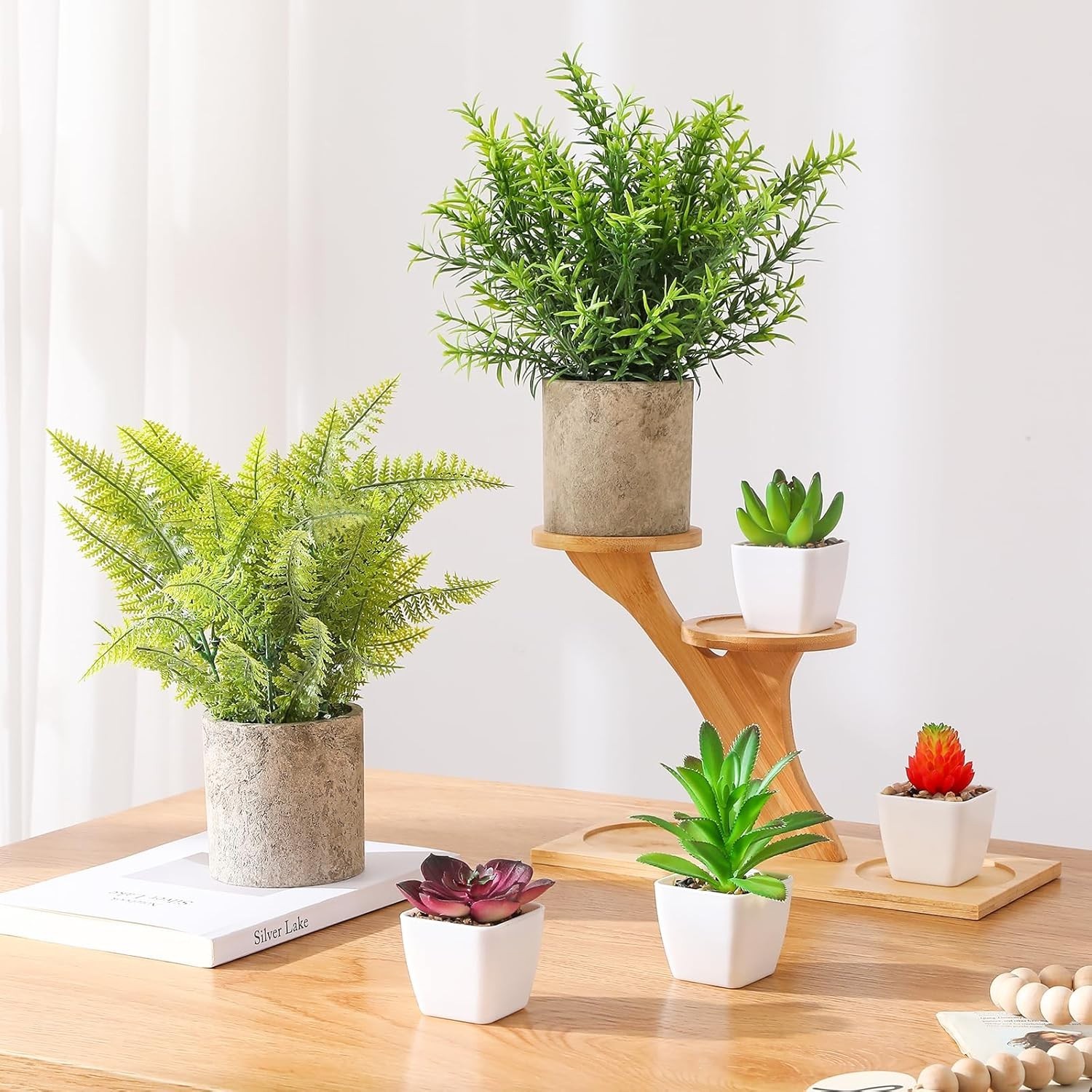 6-Count Mini Faux Plants Set – Succulents, Rosemary & Fern for Indoor Decor