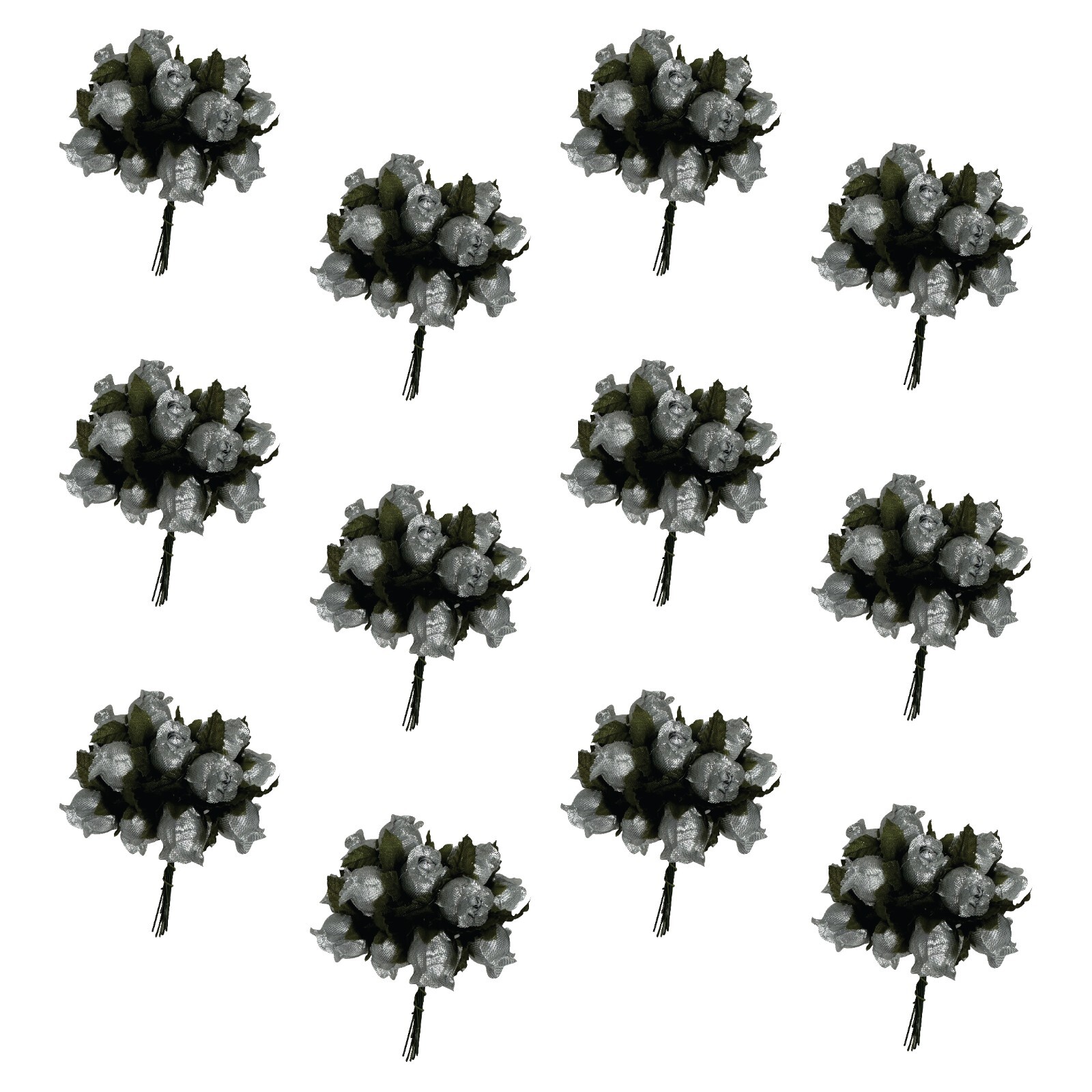 Silver Artificial Silk Flower Roses – 12 Mini Bouquets of 12 Rosebuds, 144 Total