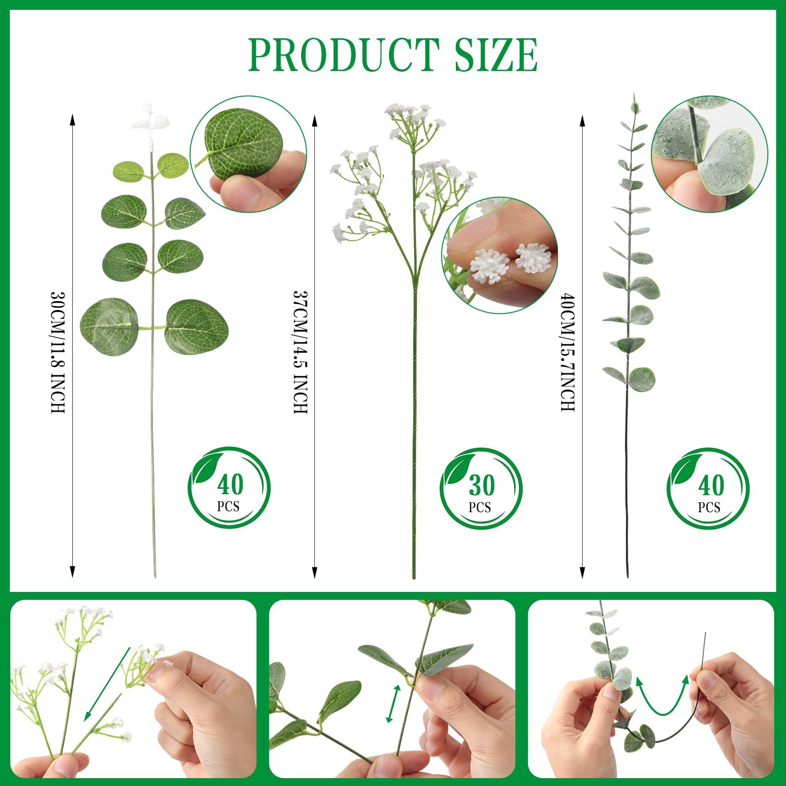 110pcs Faux Greenery Bulk Real Touch Baby Breath Eucalyptus Frosted Silver