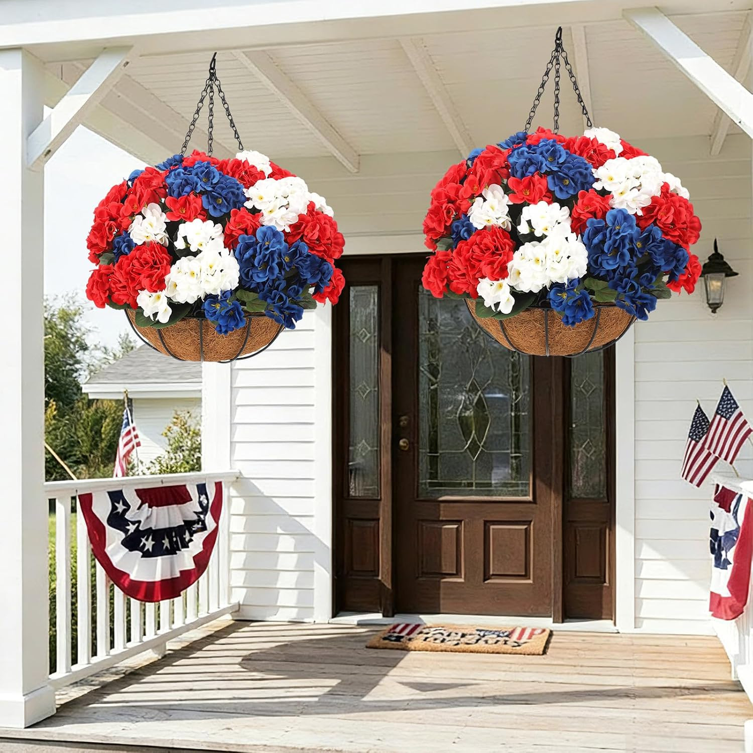 Patriotic Red White Blue Hanging Basket – 4th of July Decor for Your Home