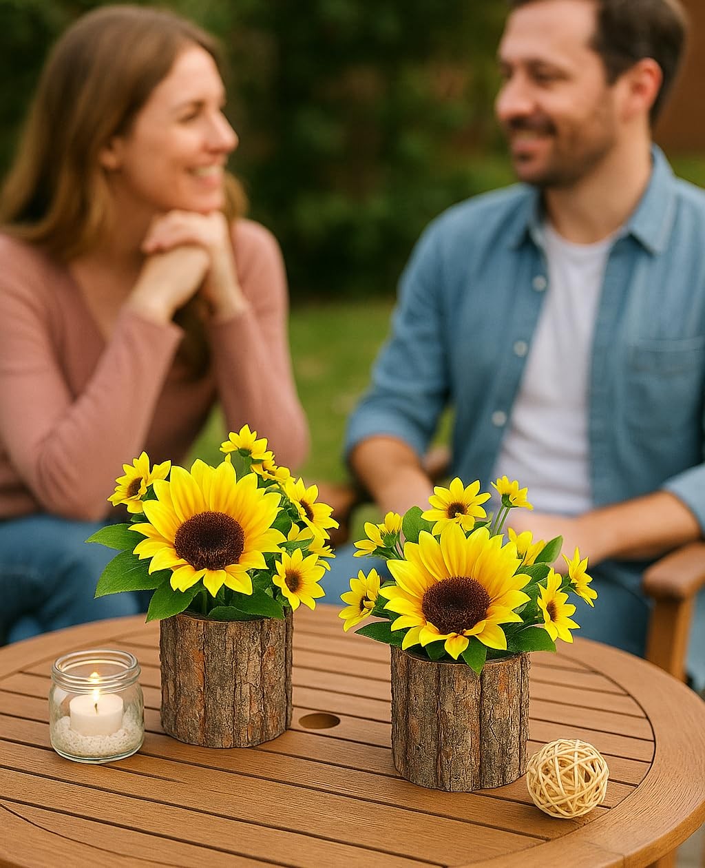 Artificial Sunflowers For Spring Decor Small Potted Flower In Log Planters Table