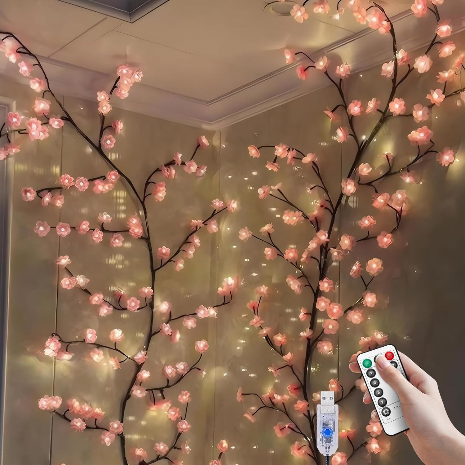 4 FT Cherry Blossom LED Lights with Remote, 8 Modes for Aesthetic Room Decor