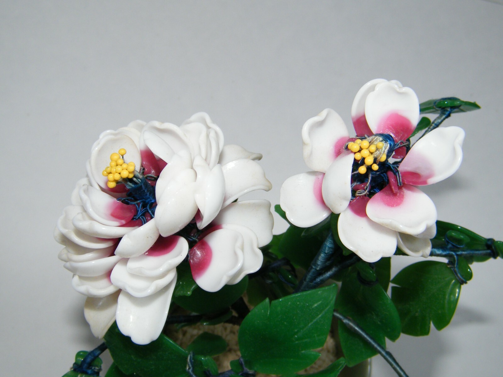 COLORED GLASS FLOWERS IN POT 10″ BONSAI TREE WHITE PINK GREEN POTTED