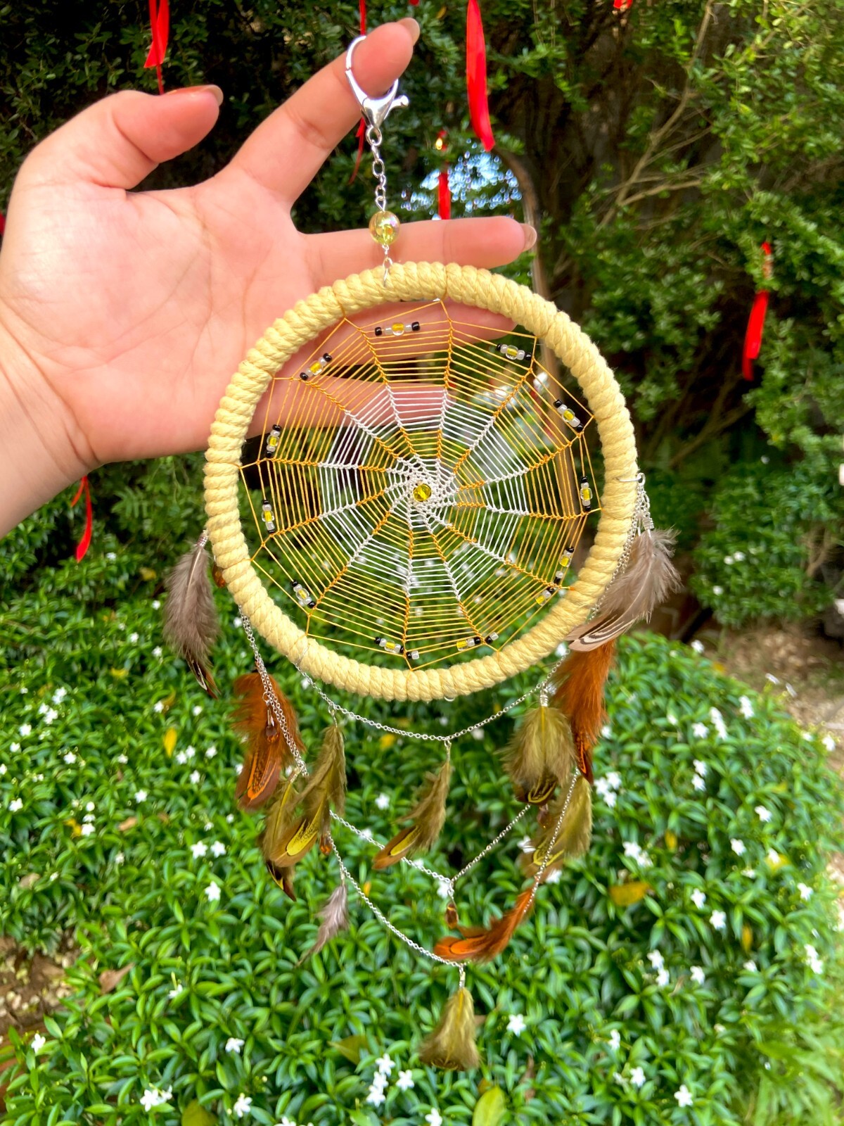Large Yellow Dream Catcher – Handmade Elegance with Intricate Feather Details