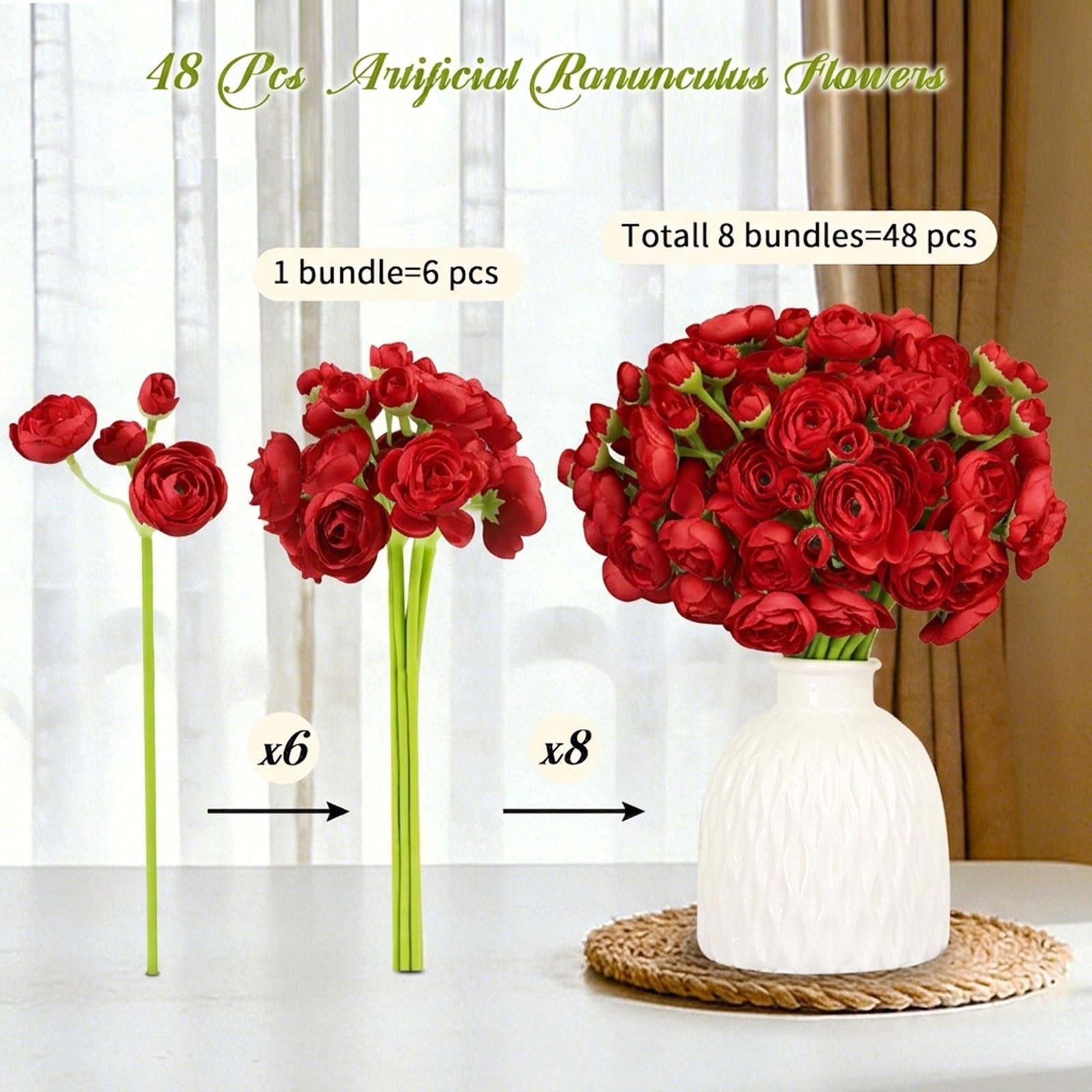 48 Pcs Ranunculus Artificial Flower,Red Faux Silk Mini Ranunculus Flowers Bul…