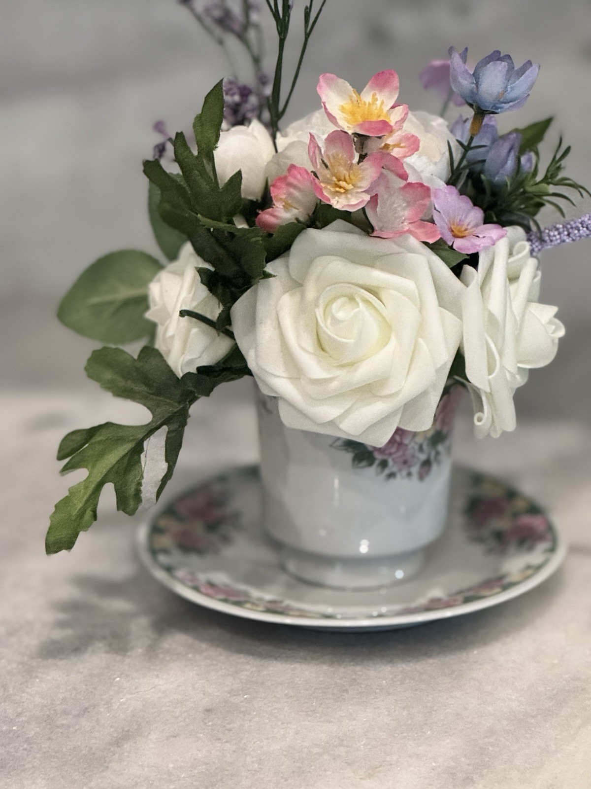 Victorian Floral Arrangement In A Teacup For Centerpiece