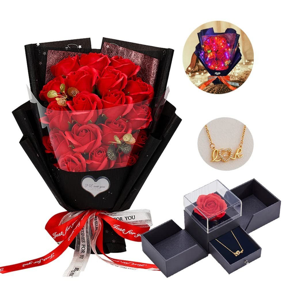 Artificial Red Rose Bouquet with Love Necklace – Unique Gift for Valentine’s, Mo