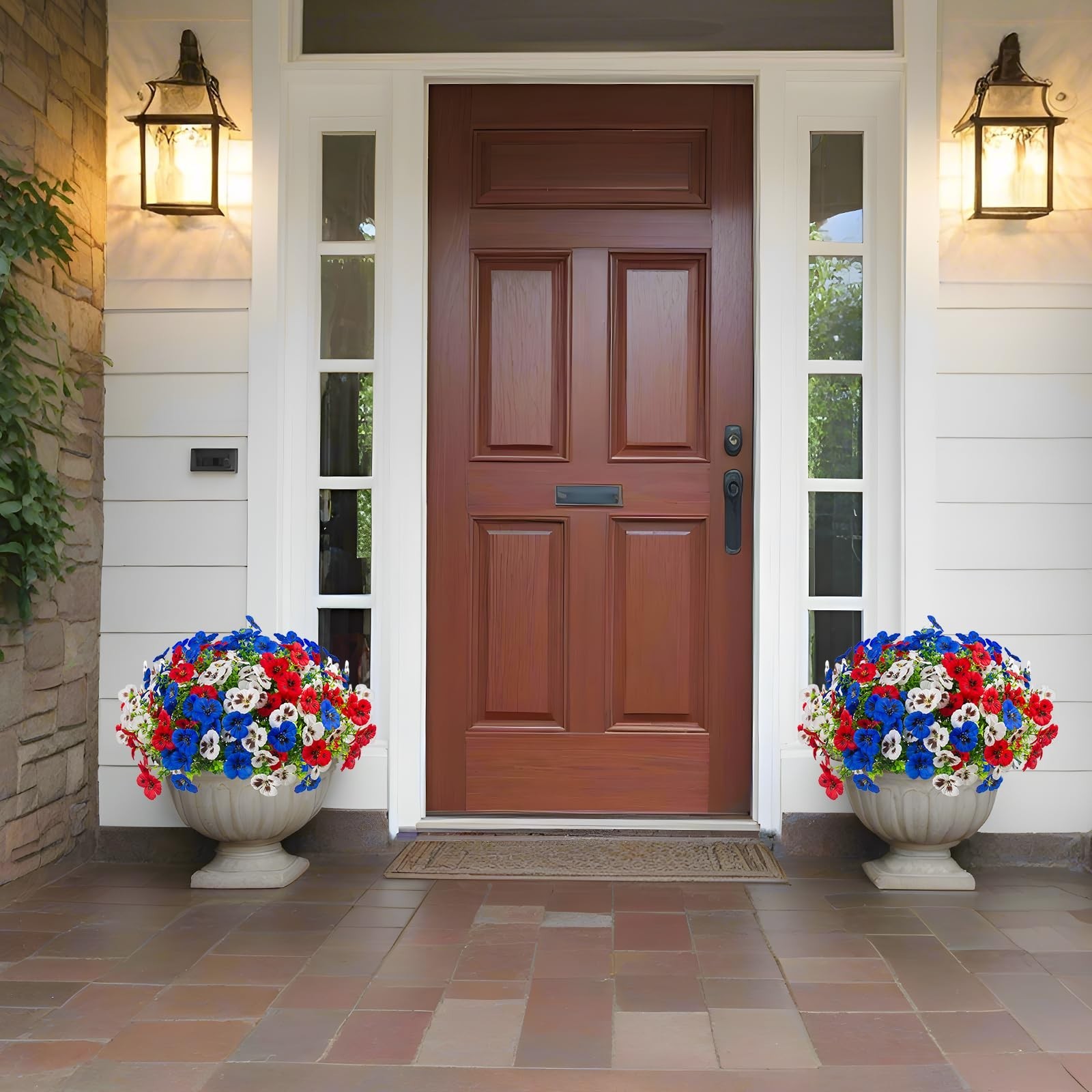 18 Pcs UV Resistant Faux Silk Pansy Flowers – Patriotic Outdoor Decor for Plante