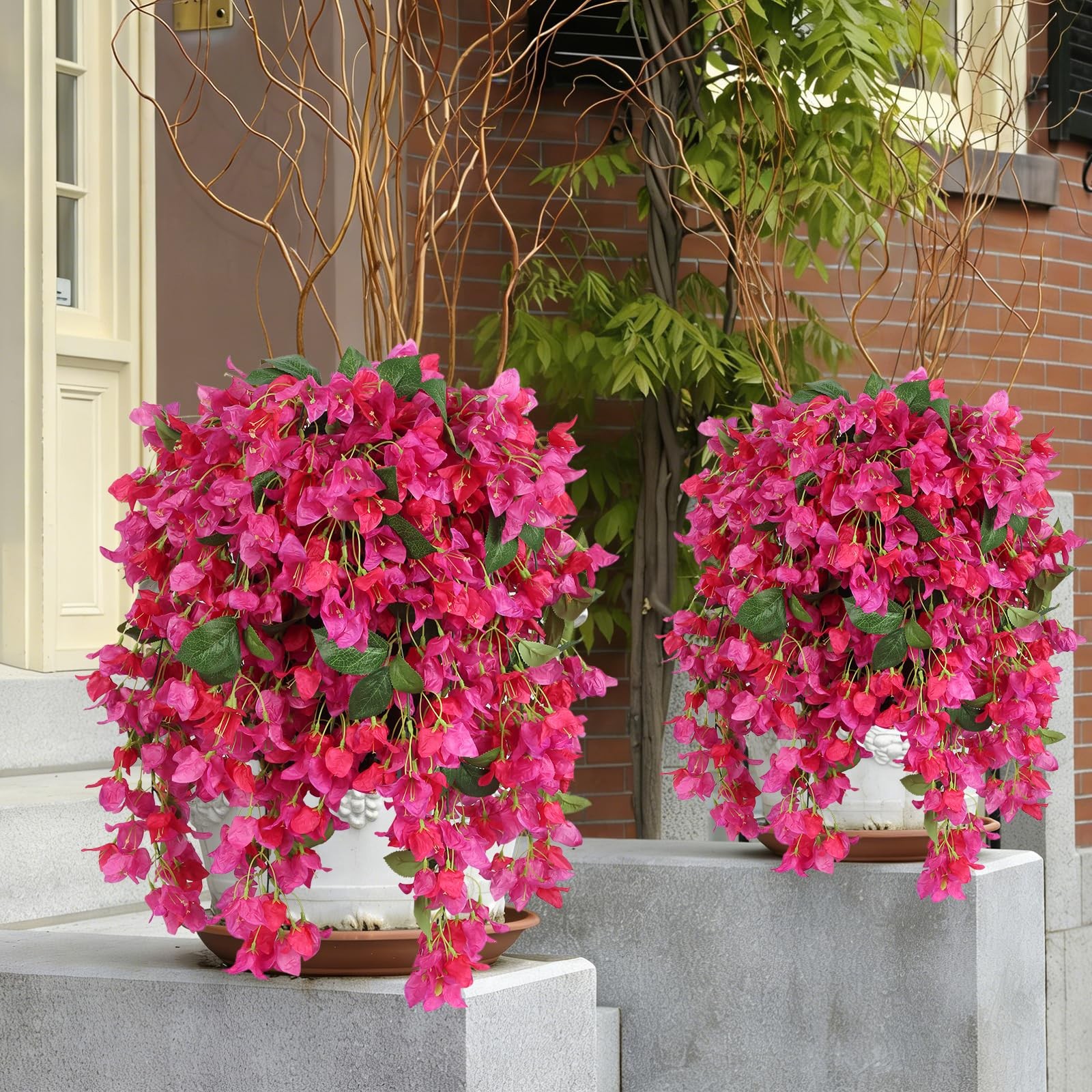 2Pcs Artificial Bougainvillea Hanging Flowers for Outdoor, 30in Silk Faux Pla…