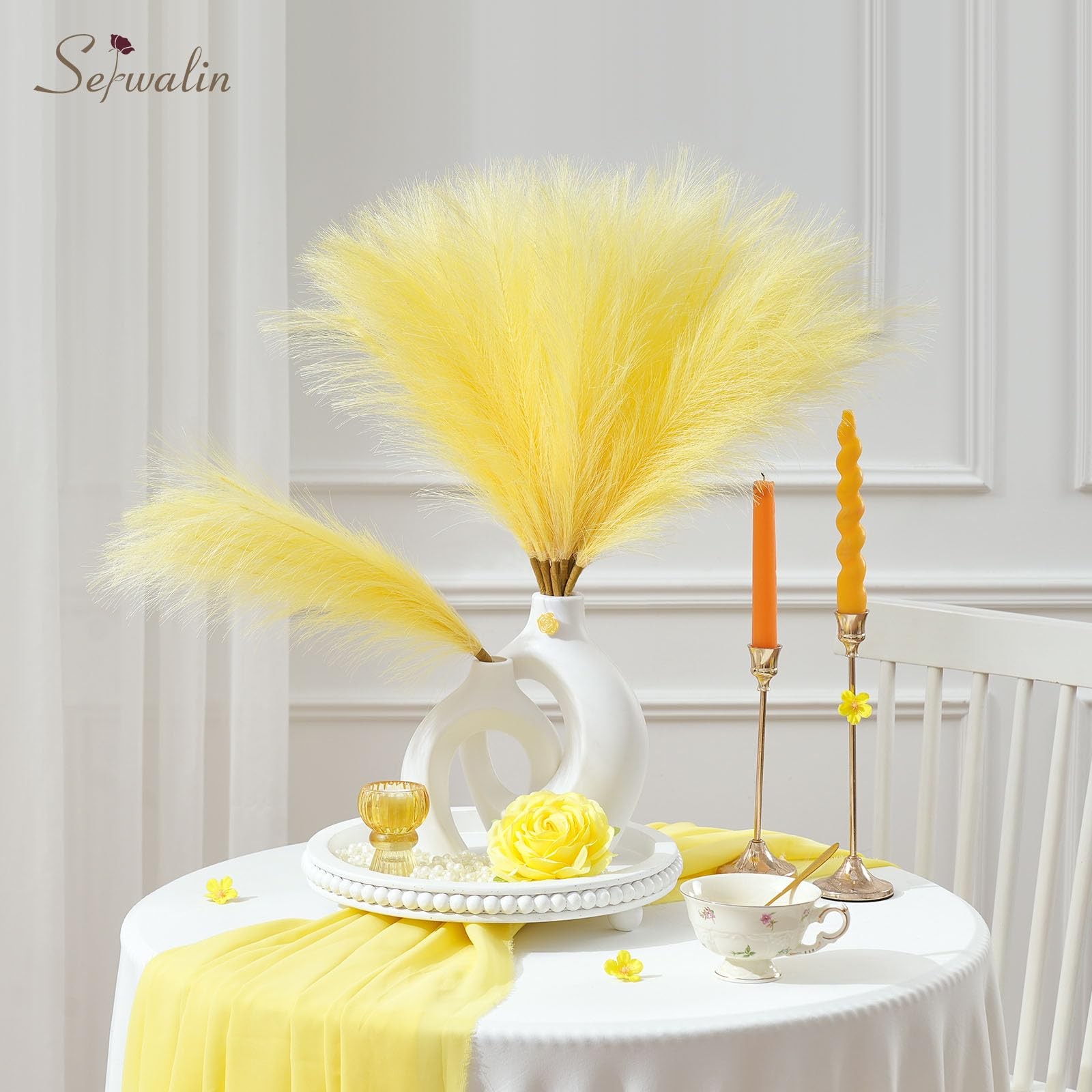 6 PCS Pampas Grass Decor 17.7 Inch Light Yellow Artificial Fluffy Vase Filler