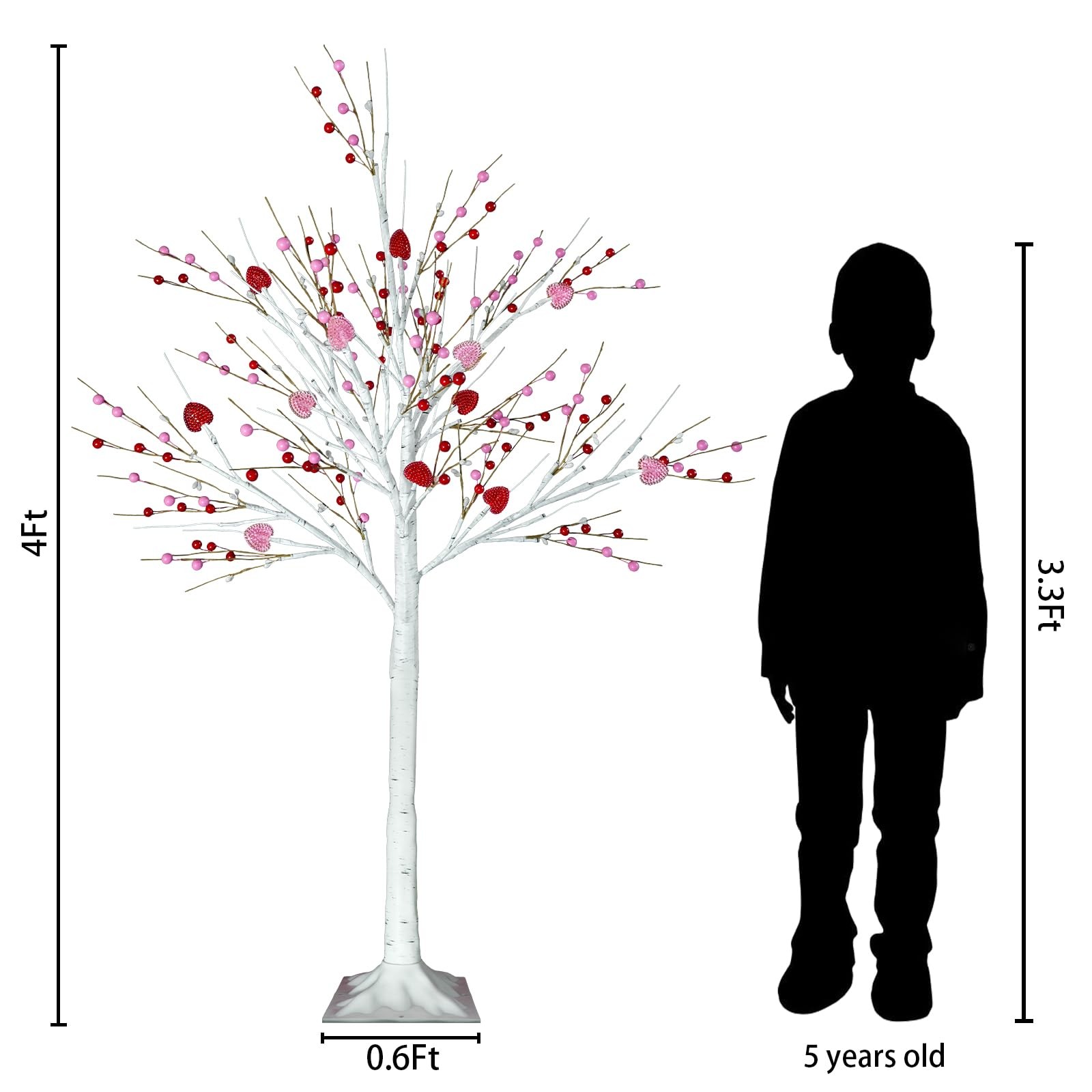 2 PCS 4 FT Lighted Birch Tree 48 LED Heart Berry Ornaments Red Pink Lights