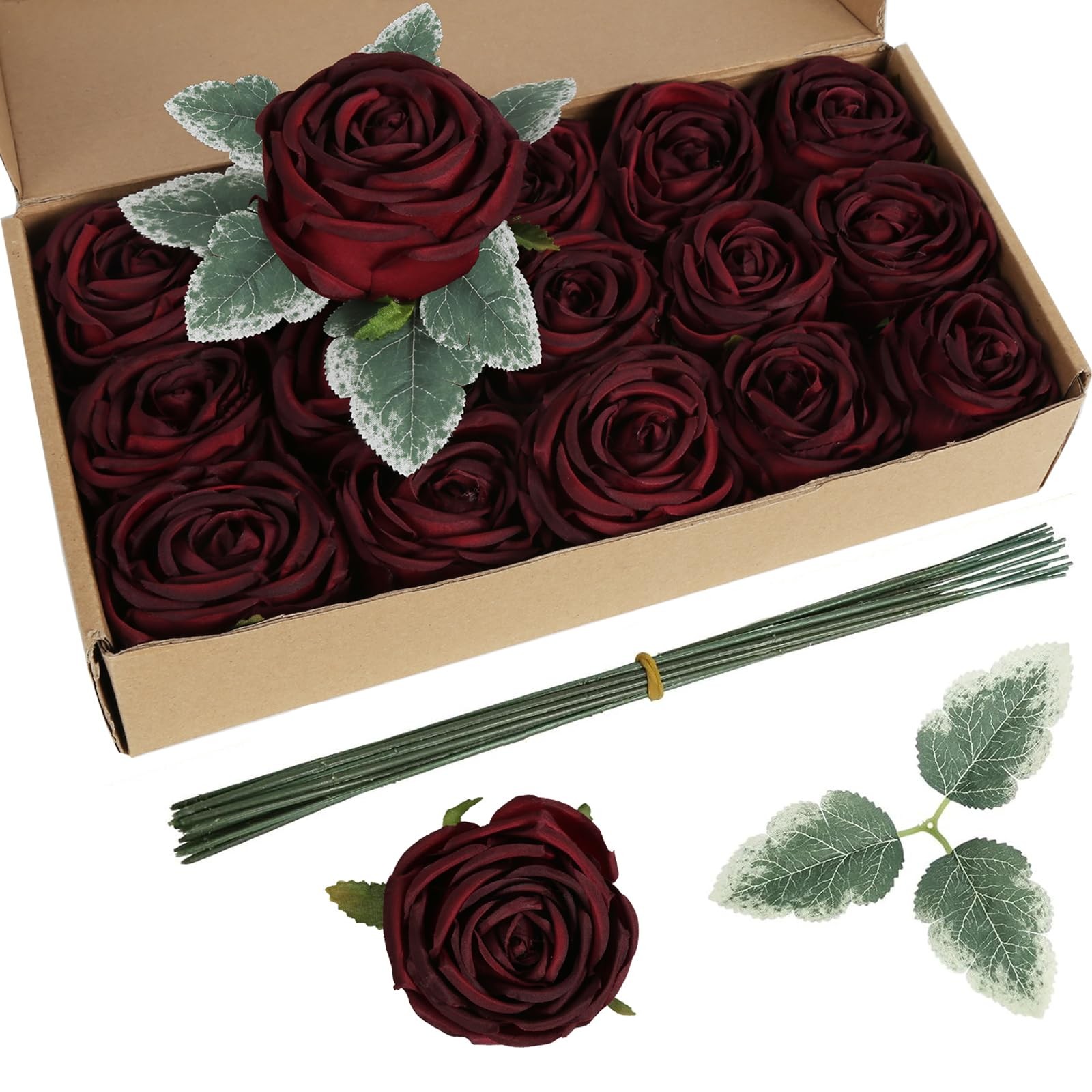 Fake Roses,16PCS Burgundy Flowers Artificial Silk Roses with Stems for Weddin…